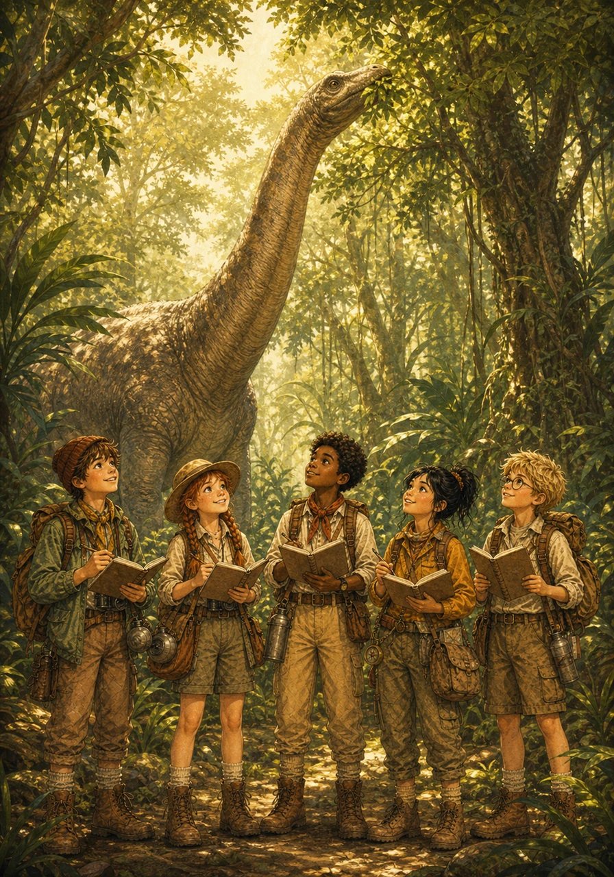 Tiba-tiba, seekor Brachiosaurus yang sangat tinggi muncul dengan anggun dari balik pepohonan. Dinosaur raksasa yang mesra itu sedang gembira memakan daun-daun segar di puncak pokok. Adam dan rakan-rakannya memerhati dengan rasa kagum sambil mencatat maklumat penting dalam buku nota mereka.