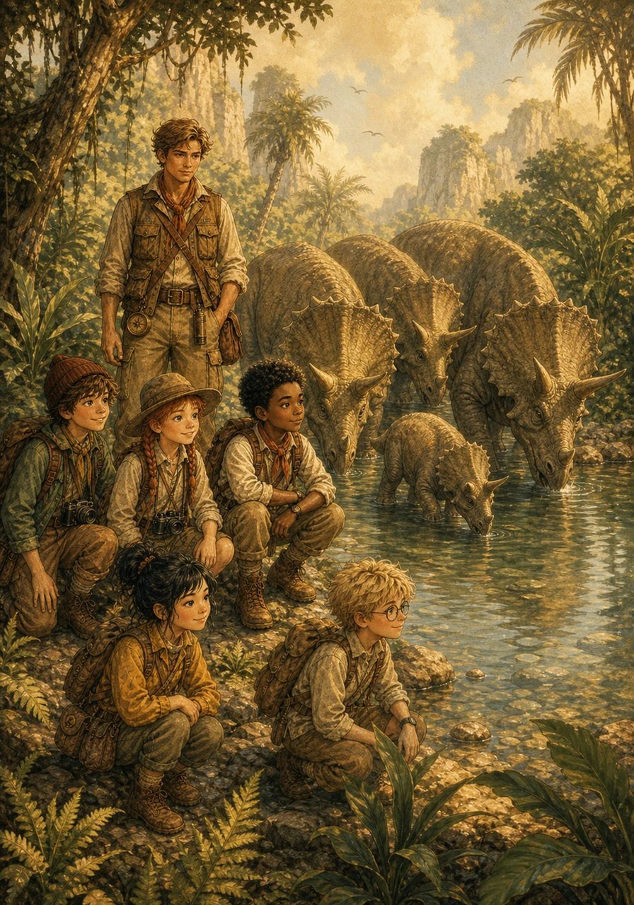 Perjalanan diteruskan hingga ke pinggir sungai yang jernih, di mana sekumpulan Triceratops sedang minum air. Haiwan-haiwan berhati mulia ini bergerak rapat antara satu sama lain untuk saling melindungi. Momen indah ini mengajar Adam betapa pentingnya kasih sayang dan kerjasama dalam kehidupan.