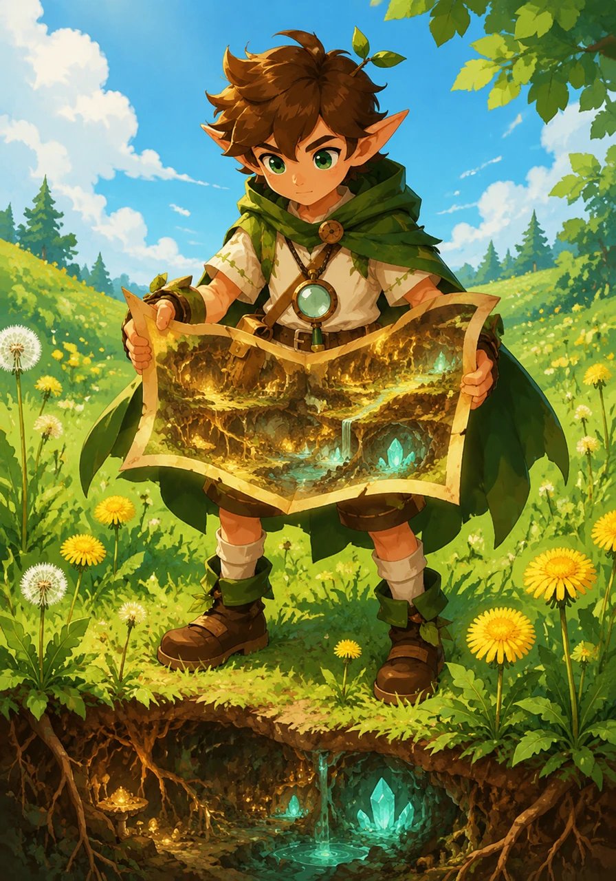 Rooty the elf stands in a sunny meadow wearing a magnifying glass necklace, holding a giant glowing map of the underground world. Around him, bright green grass and bright yellow dandelions sway in the breeze, hinting at the secret structures hidden just beneath the soil.