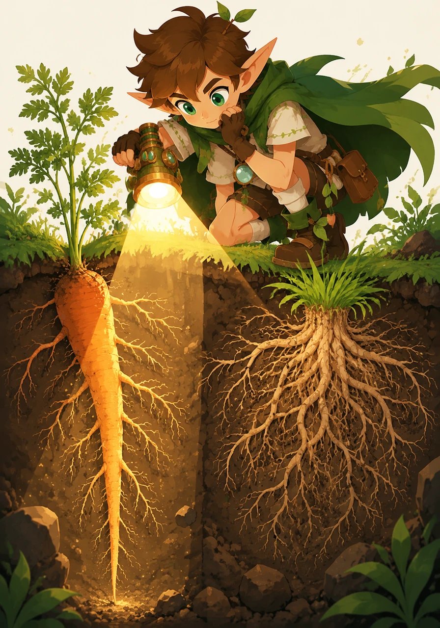 Rooty points his magical flashlight into the earth to reveal a thick, straight taproot drilling deep down like a carrot, with smaller hair-like roots branching off it. Next to it, he examines a clump of grass showing a fibrous root system that looks like a tangled, bushy web of spaghetti spreading out in all directions.
