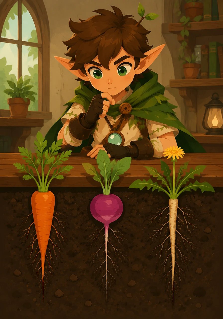 To study taproots for his big exam, Rooty lines up three classic examples on a wooden table: a bright orange carrot, a plump purple radish, and a fuzzy dandelion root. Each plant clearly displays one main, thick central root plunging straight downward into the rich dark soil.