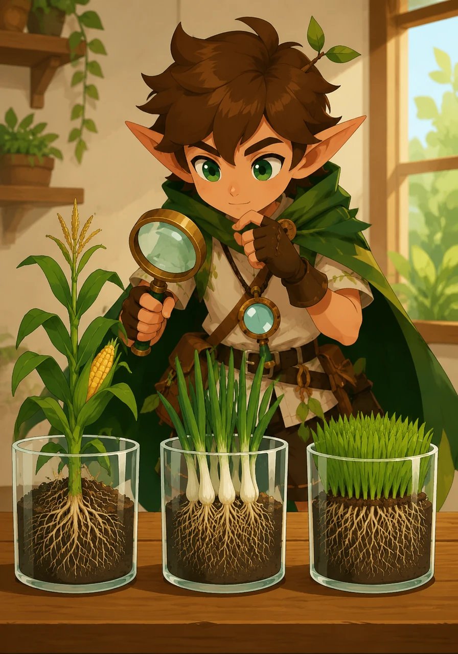 Switching his focus to fibrous roots, Rooty observes three different plants side-by-side in clear glass pots: a stalk of green corn, a cluster of scallions with white stringy bottoms, and a patch of lawn grass. Their roots form a dense, shallow mat of equal-sized threads that grip the soil firmly.