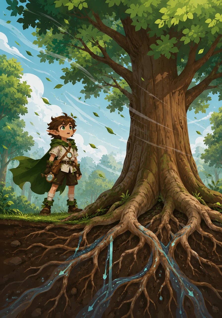 Rooty watches a giant tree drink from the ground, showing how the roots act like natural straws absorbing water and minerals to send up to the leaves. The roots also act like strong anchors, holding the massive tree perfectly steady against a sudden gust of wind.