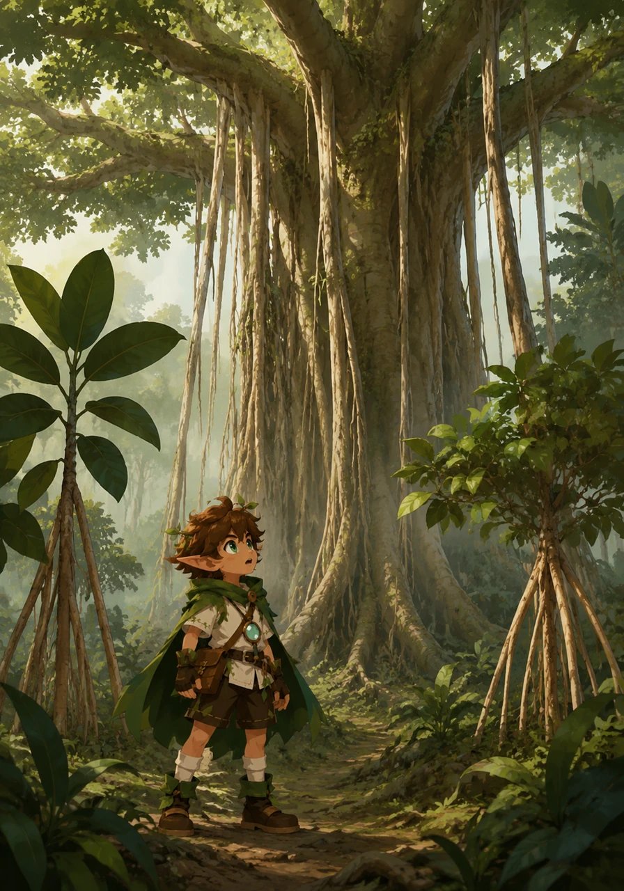 Deep in a misty jungle, Rooty looks up in amazement at a mighty Banyan tree with thick prop roots hanging down from its branches like heavy wooden pillars to push into the ground. Nearby, he spots a rubber plant and a laurel tree, which also use these hanging pillar roots for extra balance.