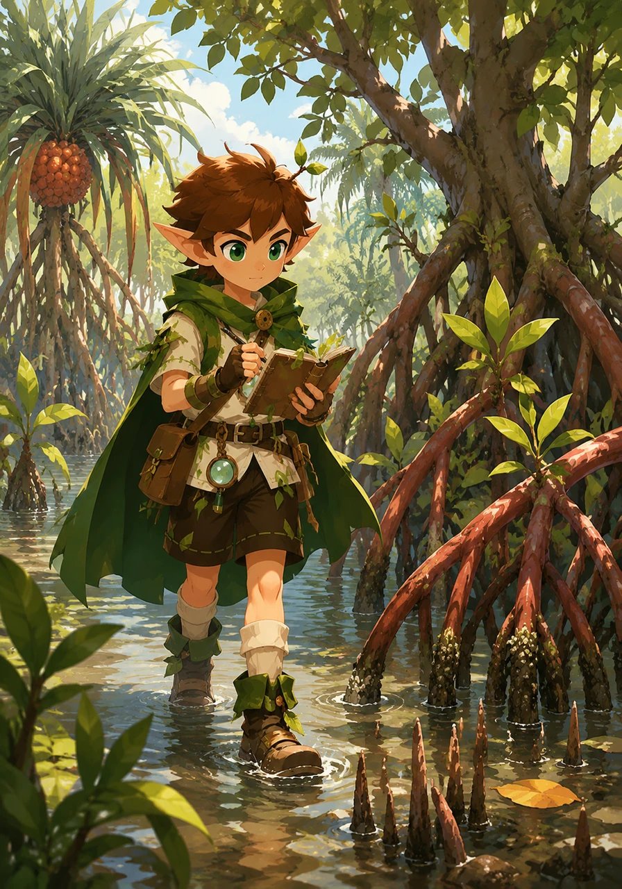 Walking through a squishy, wet mangrove swamp, Rooty examines stilt roots that grow out from the lower trunks of trees like sturdy wooden stilts, holding the plants high above the water. He notes down three examples in his journal: the red mangrove, the walking palm, and the fierce pandanus plant.