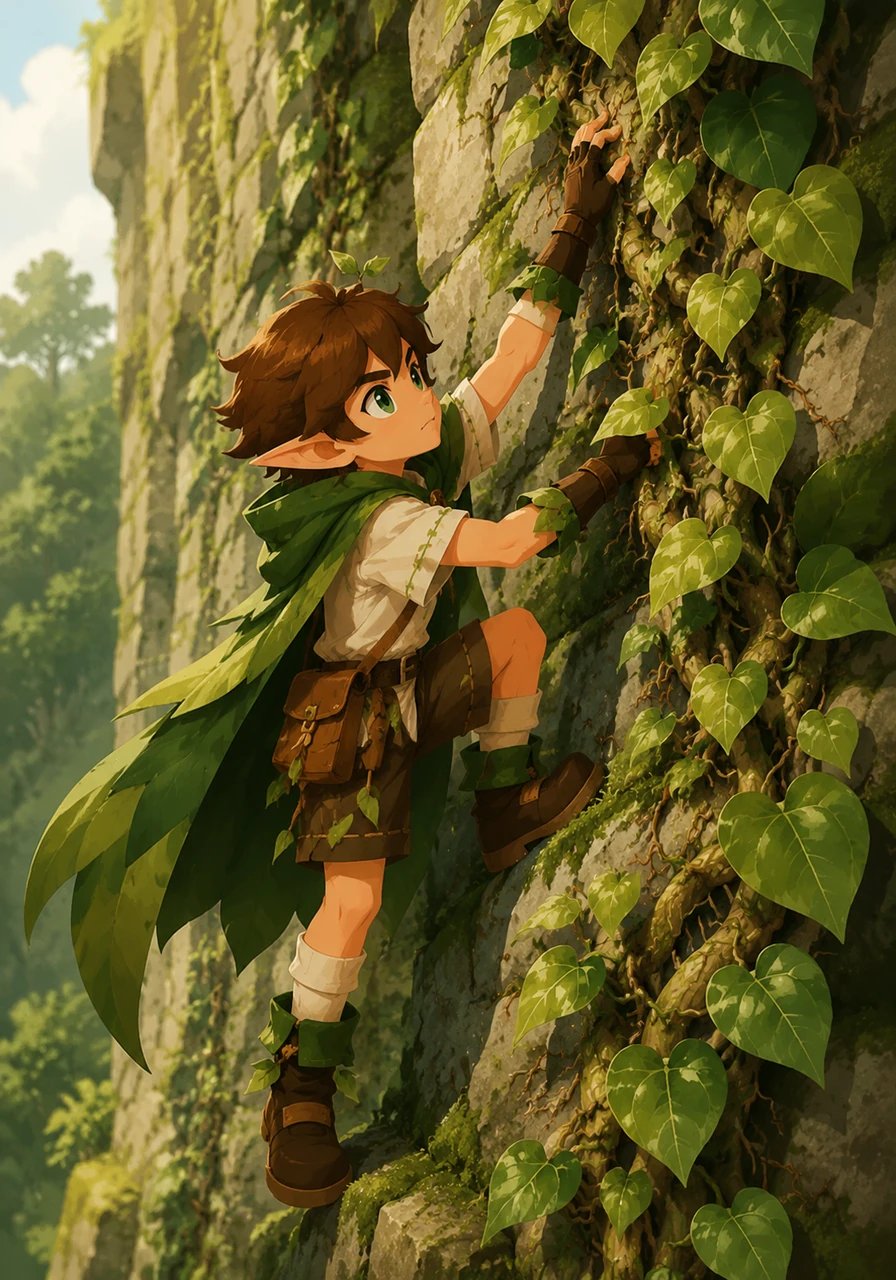 Rooty climbs a mossy stone wall following a lush green ivy plant that uses tiny, sticky climbing roots to grip the rock like a mountain climber. He compares it to a vanilla orchid and a black pepper vine, which both use these clever claw-like roots to scale tall forest trees toward the sunlight.