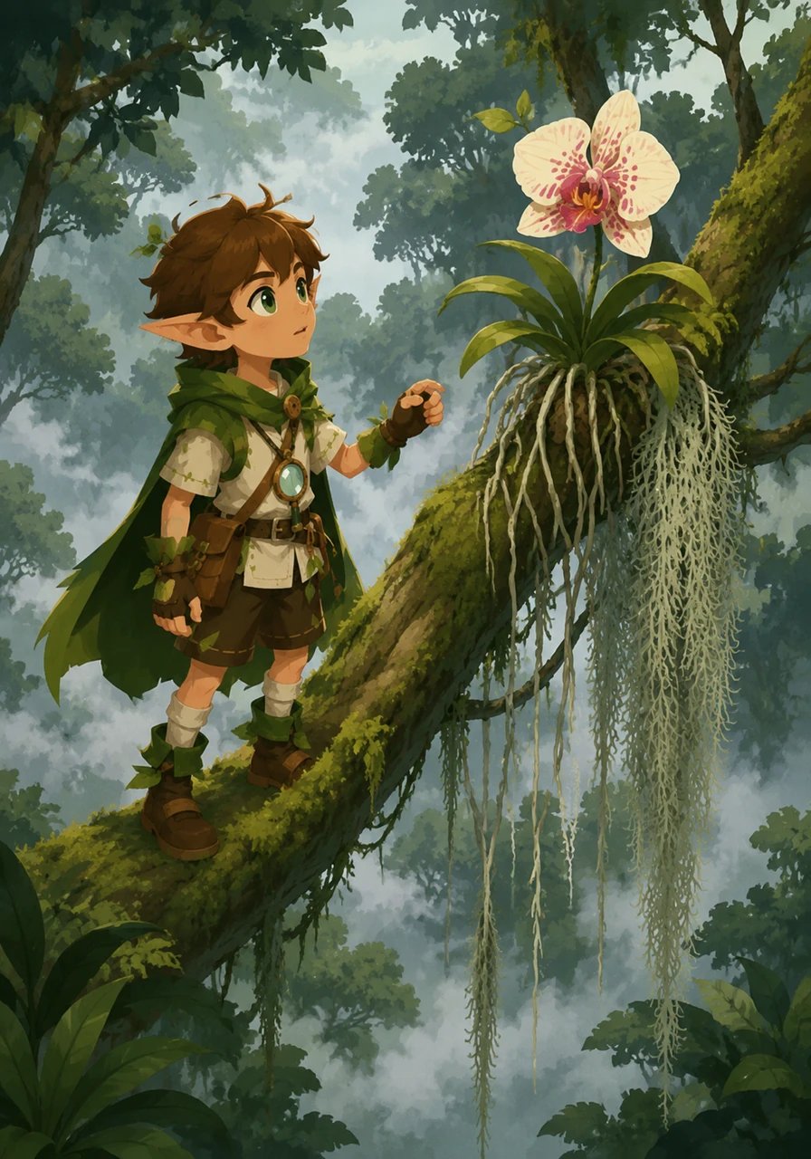 High up in the canopy, Rooty discovers an orchid sitting on a tree branch with silvery aerial roots dangling freely in the open air to soak up moisture directly from the humid fog. He observes three air-loving plants doing this: the moth orchid, the Spanish moss, and the green bromeliad.