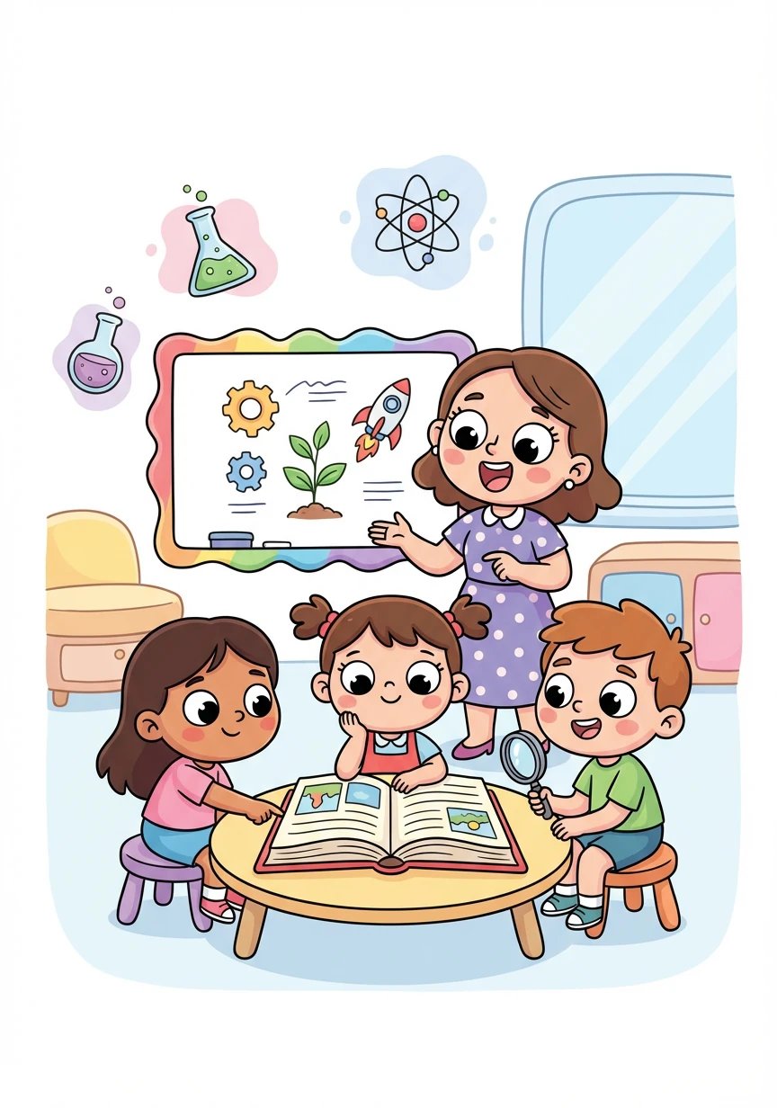 A professora explica sobre o projeto da feira de ciências. Os alunos devem trabalhar em grupos para criar algo inovador.