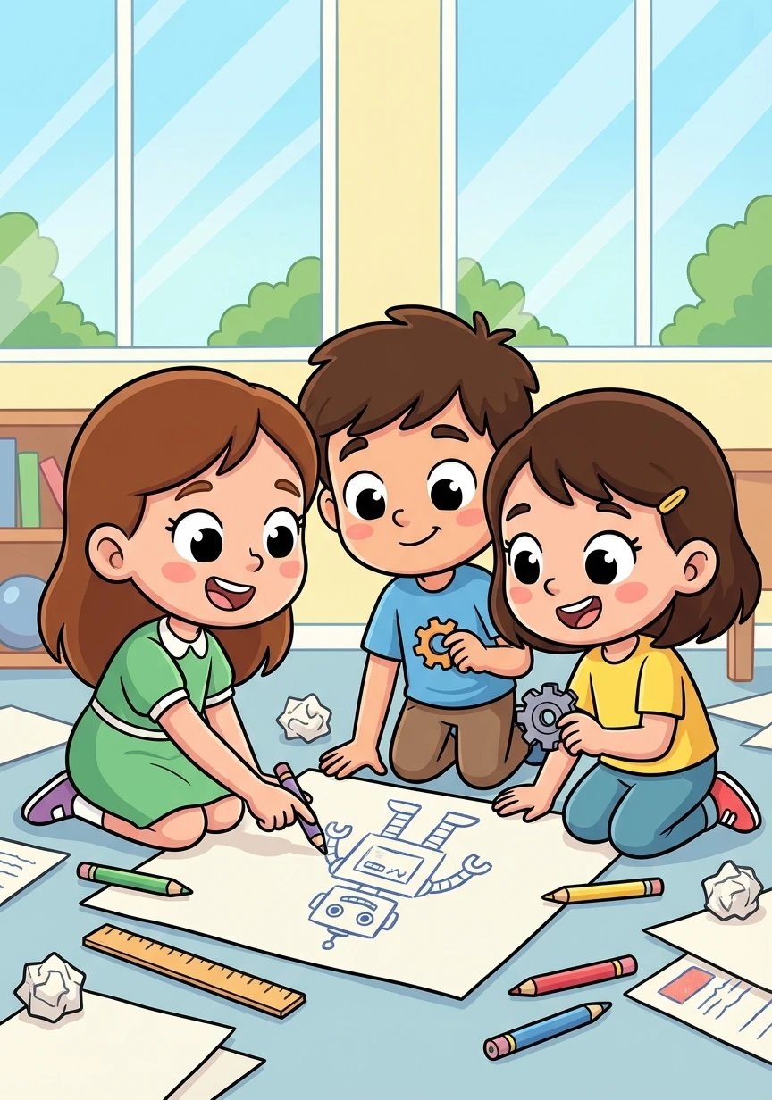 Sofia, Pedro e Maria formam um grupo e decidem construir um robô que ajuda a limpar a escola. Eles começam a planejar.