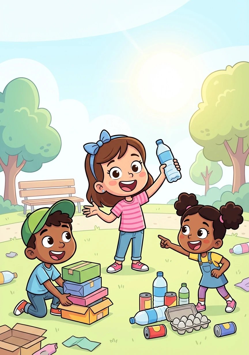 Sofia tem a ideia de usar materiais reciclados para construir o robô. O grupo adora a ideia e começam a coletar garrafas e caixas.