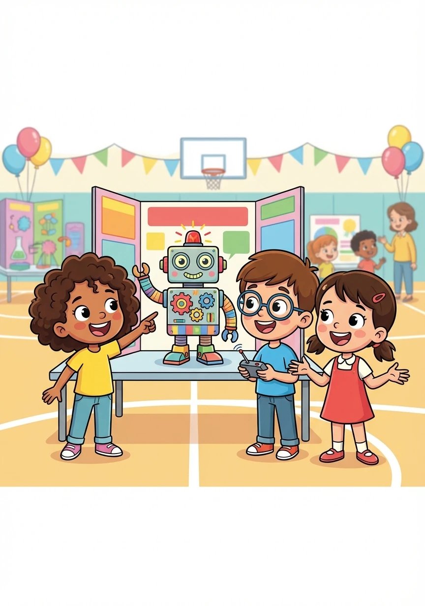 Chega o dia da feira de ciências. O robô de Sofia, Pedro e Maria está pronto para ser apresentado.