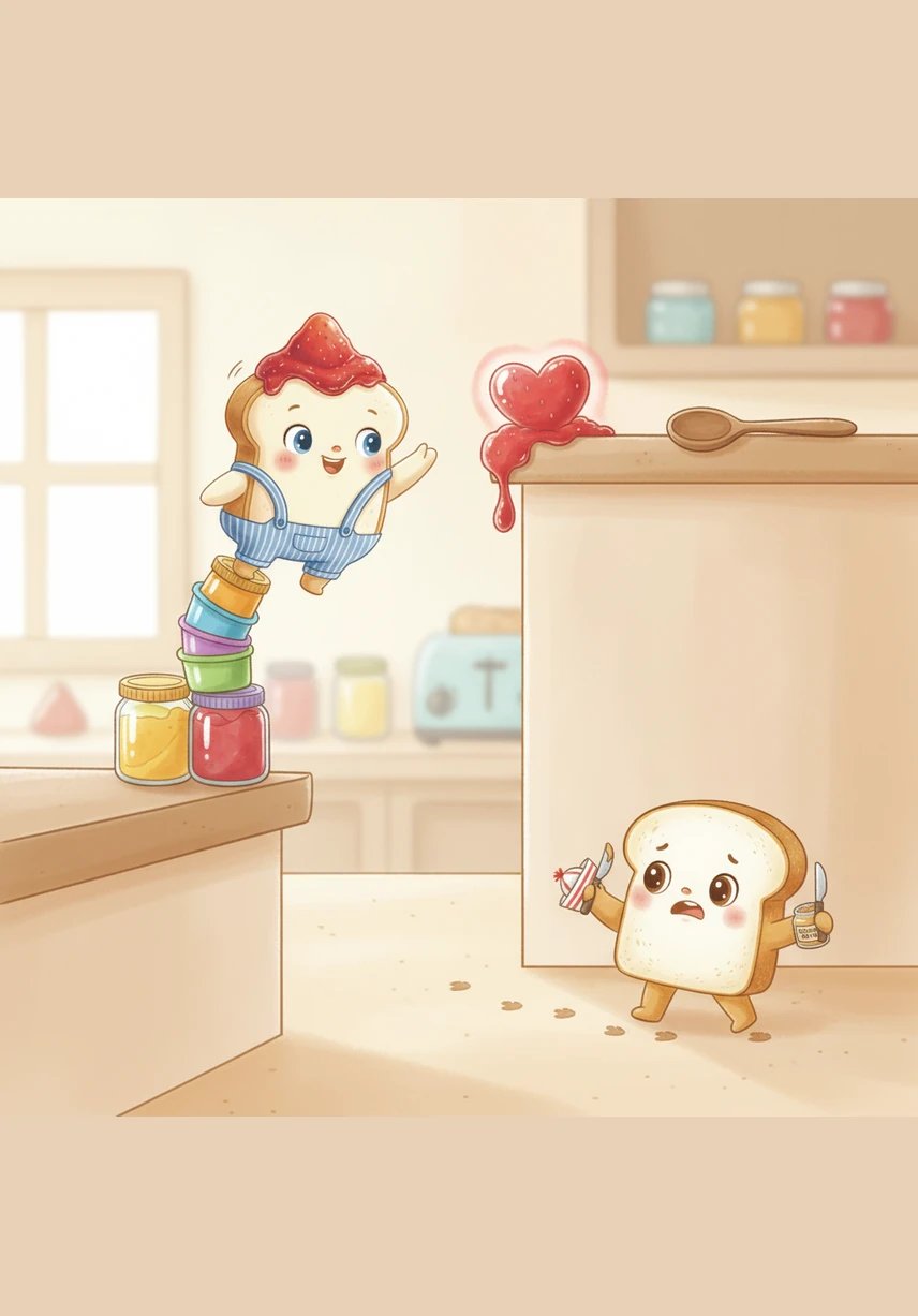 Jammy noticed the golden glow of the peanut butter slice and felt a flutter of excitement. They were different in every way, yet they felt a mysterious pull toward one another across the kitchen landscape.