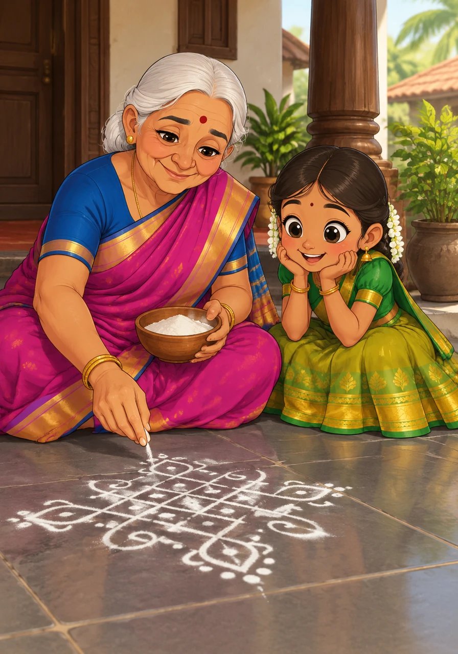 Paati, Kavi's grandmother, sits on the cool veranda with a wooden bowl filled with fine white rice flour. She invites Kavi to join her, demonstrating how to pinch the powder gently between her thumb and forefinger. Kavi watches in awe as delicate, flowing lines begin to dance across the smooth tiled floor.