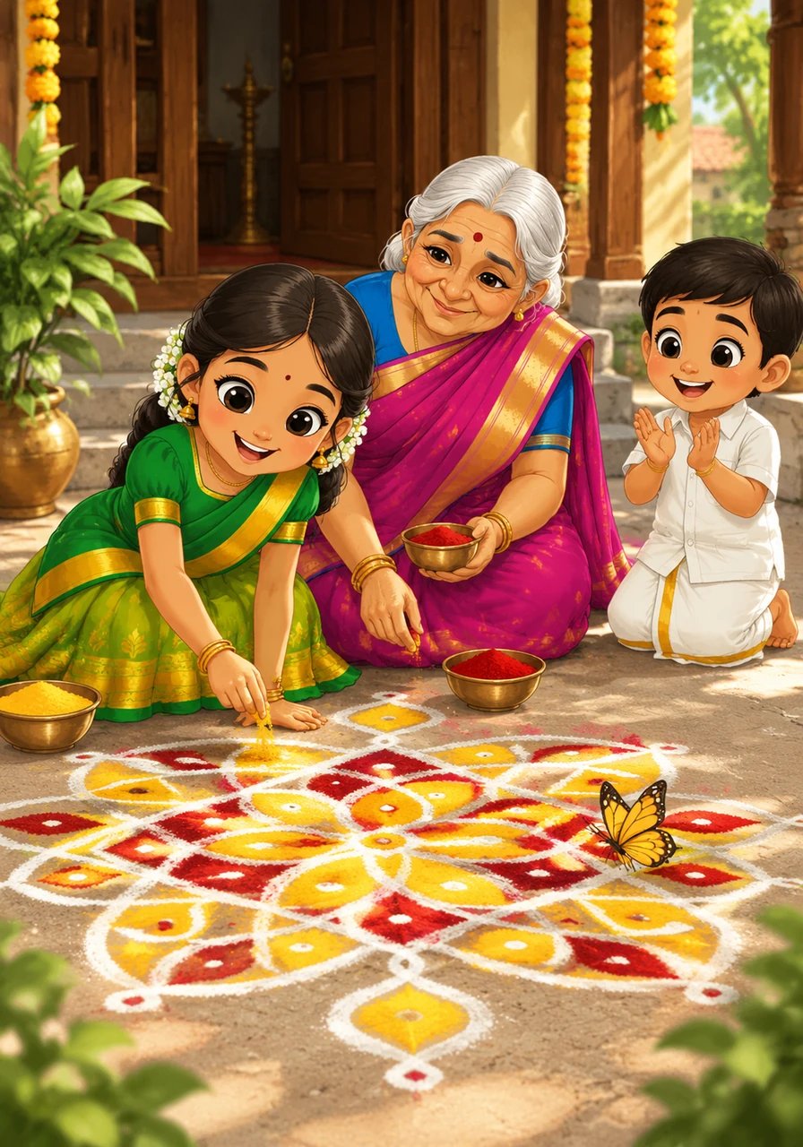 Together, Kavi and Paati create a giant, ornate Kolam pattern at the entrance of their home. Kavi carefully adds bright turmeric yellow and kumkum red powder to fill in the geometric loops. Nearby, her little brother Arjun claps his hands in delight as a fluttering yellow butterfly settles on their artwork.