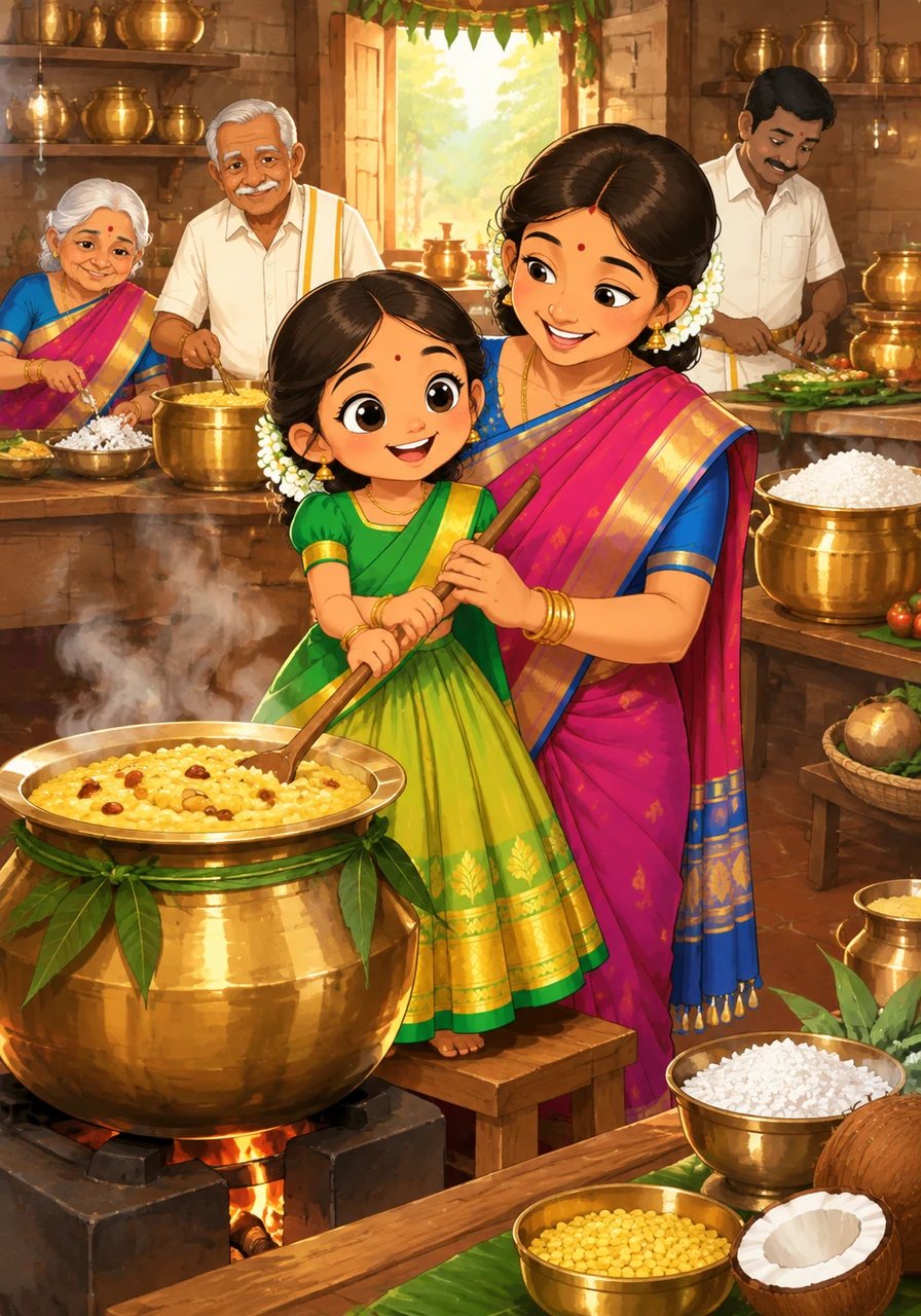 In the bustling kitchen, Thatha and Kavi’s parents are busy preparing a grand traditional feast. Big brass pots steam gently with fragrant rice, lentils, and fresh coconut, filling the air with warm spices. Kavi stands on a small wooden stool, eagerly helping her mother stir the sweet Pongal pot.