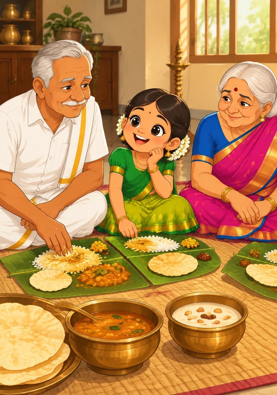 Mid-day brings the cherished tradition of serving a hearty family meal on shiny green banana leaves spread across the floor. Everyone sits together in a circle, passing around warm papadums, savory sambar, and sweet payasam. Kavi giggles as Thatha shows her the traditional way to mix rice and curry using only her fingers.