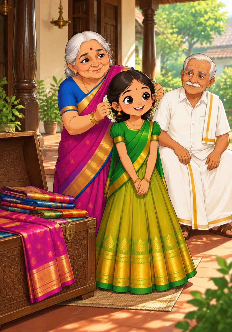 After lunch, the family gathers on the porch while the gentle afternoon warmth lingers outside. Paati opens a carved wooden chest filled with colorful silk sarees and traditional dresses. She lovingly drapes a shimmering golden-green pattu pavadai over Kavi, adorning her hair with sweet-smelling jasmine flowers.