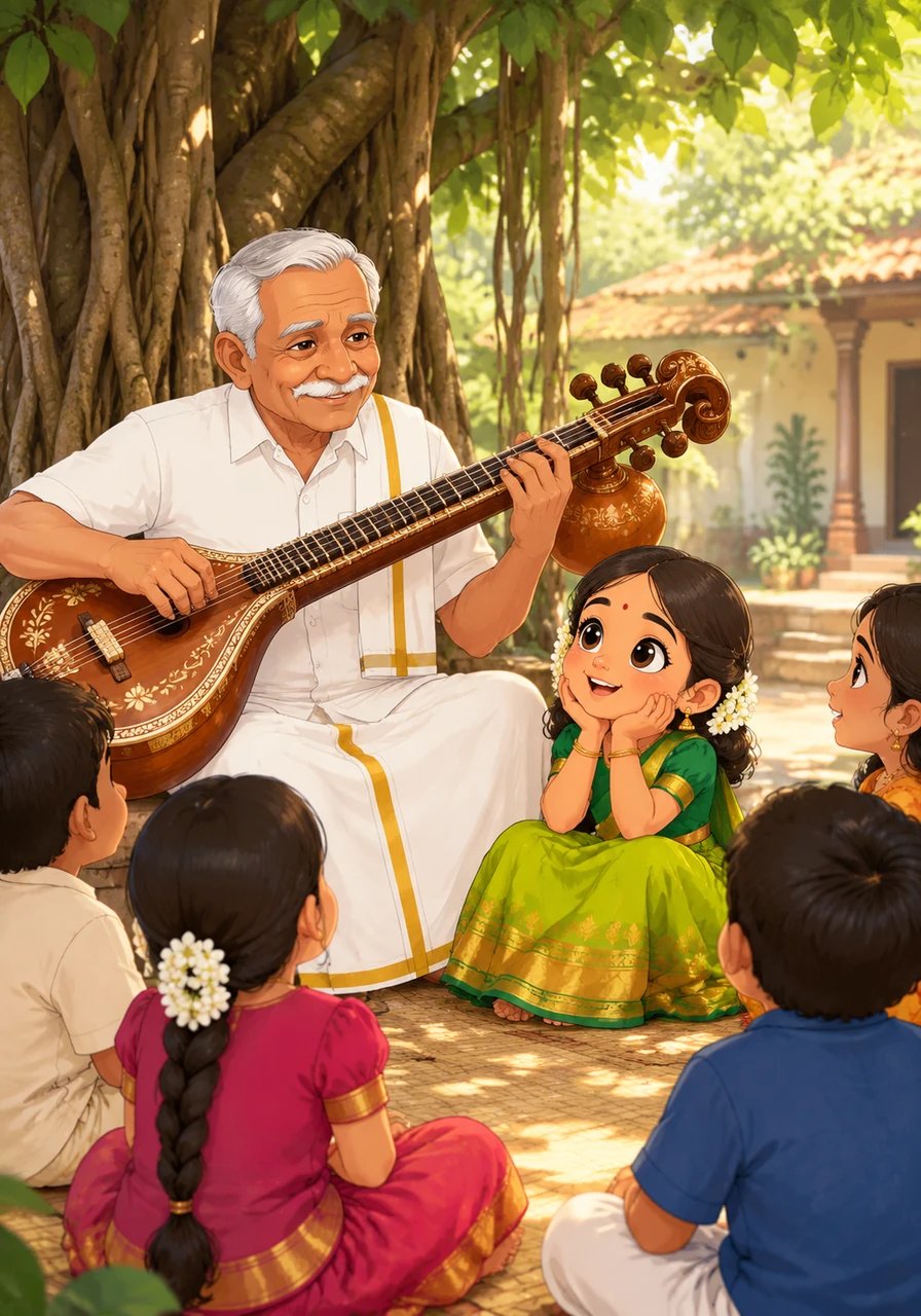 Under the shade of a sprawling banyan tree in the courtyard, Thatha gathers the children for afternoon storytelling. He plucks a gentle melody on the veena while recounting heroic tales of ancient kings, wise animals, and starry skies. Kavi listens wide-eyed, completely enchanted by the living history of her culture.