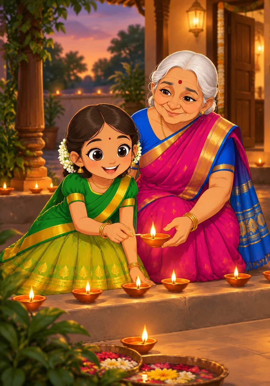 As dusk begins to fall, Kavi helps her mother light small clay oil lamps called diyas all around the courtyard borders. The golden flames flicker softly against the evening shadows, casting a magical glow across the entire house. Every corner radiates a sense of peace, love, and contentment.