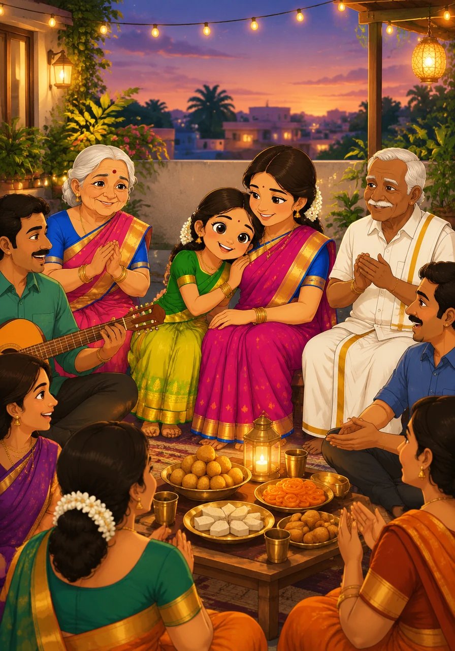 In the cool evening breeze, the family gathers on the rooftop terrace to sing traditional songs together. Neighbors stop by to share sweet treats and cheerful conversation, welcoming the night with laughter. Kavi rests her head against her mother's shoulder, feeling deeply grateful for her wonderful family.