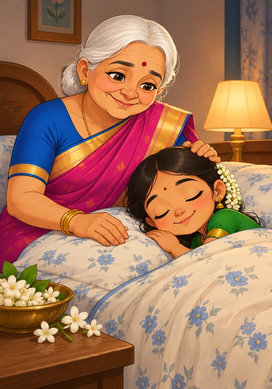 As bedtime approaches, Paati tucks Kavi into bed under a soft cotton blanket. The faint scent of fresh jasmine still lingers in the air as Paati hums a quiet, soothing lullaby. Kavi closes her eyes with a happy heart, dreaming of bright rice patterns and the warm embrace of home.