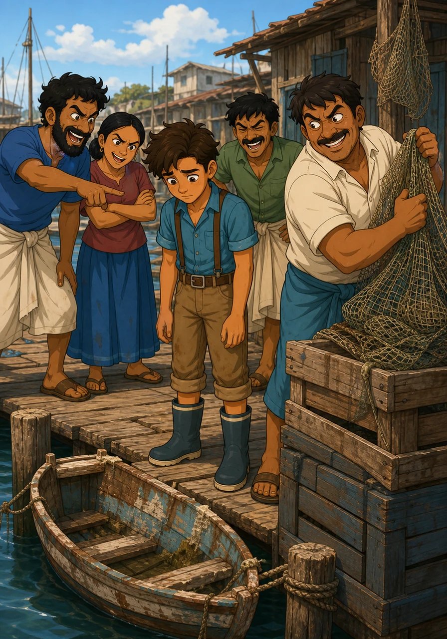 Sayangnya, beberapa warga desa yang merasa iri selalu memperlakukan Samuel dengan semena-mena. Mereka sering mengganggu Samuel di dermaga, menyembunyikan jaring ikannya, dan mengejek perahu kecilnya yang sudah tua.
