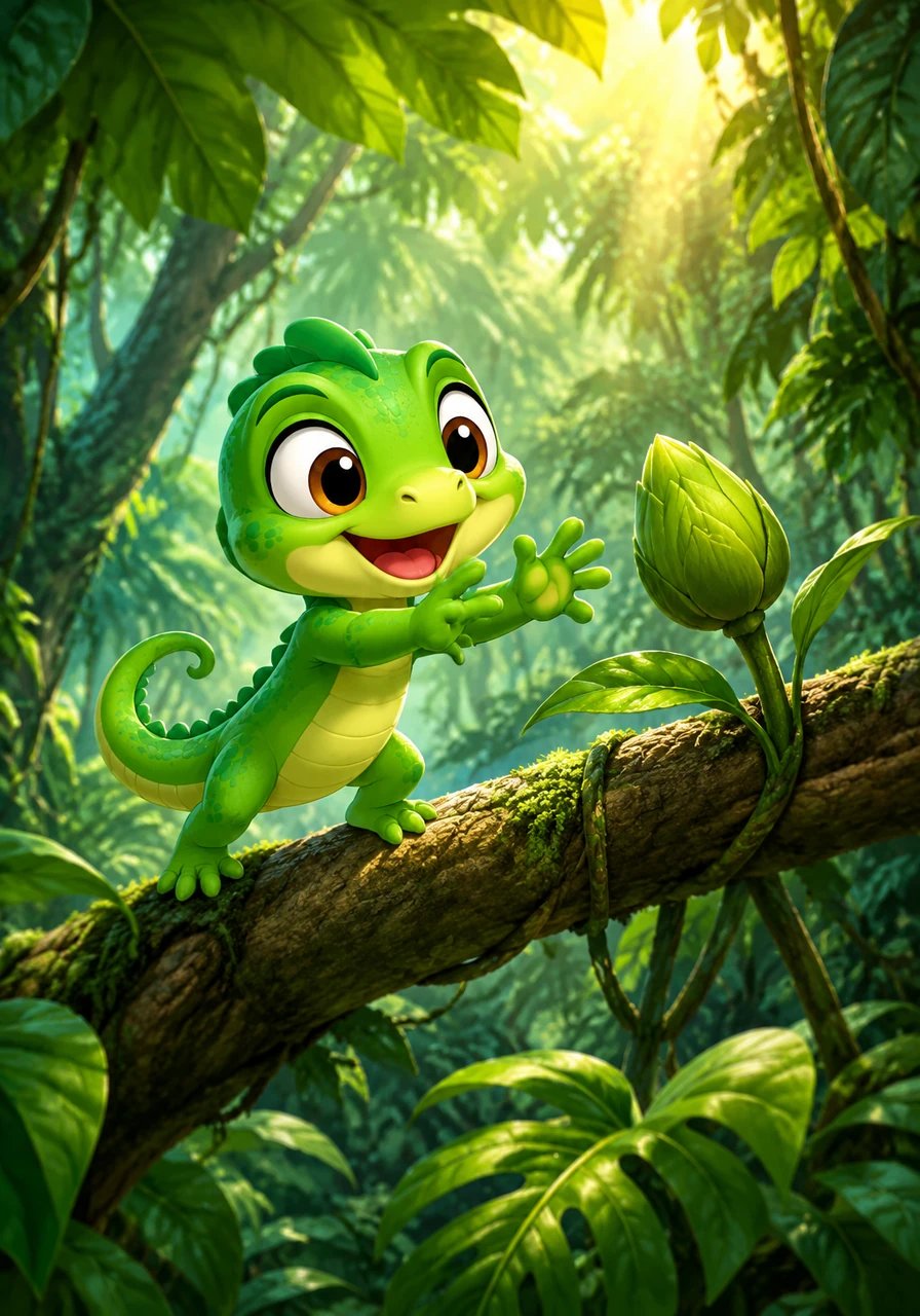 In a vibrant rainforest, full of large green leaves and colorful, dappled light, lives a tiny green lizard named Leo. He is small and energetic, always darting between branches. Leo sees a small, green bud on a plant and tries to make it open immediately, but it remains tightly closed.