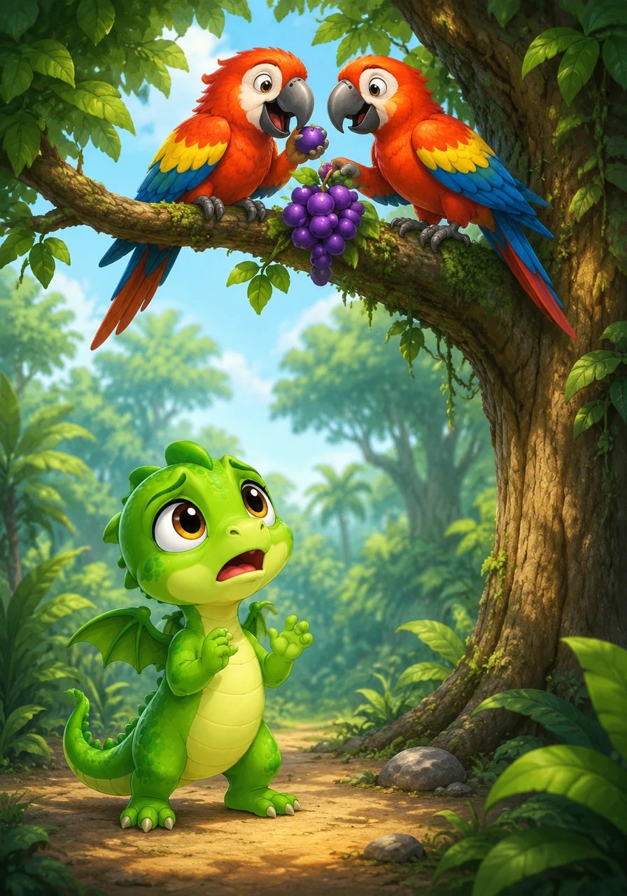Leo observes other animals, like a pair of playful parrots, sharing a delicious, ripe purple berry. He wants to fly and eat the berry right away, but his wings are too small, and his legs are still too weak to jump far. He feels frustrated and small, while the parrots enjoy their treat.