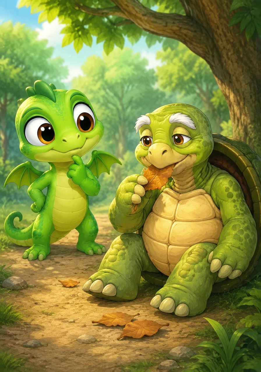Watching a wise, old tortoise munch slowly on a fallen leaf, Leo notices the tortoise's deliberate movements and calm nature. Leo thinks it would be better to be fast, but the tortoise just smiles gently, continuing his slow, focused meal.