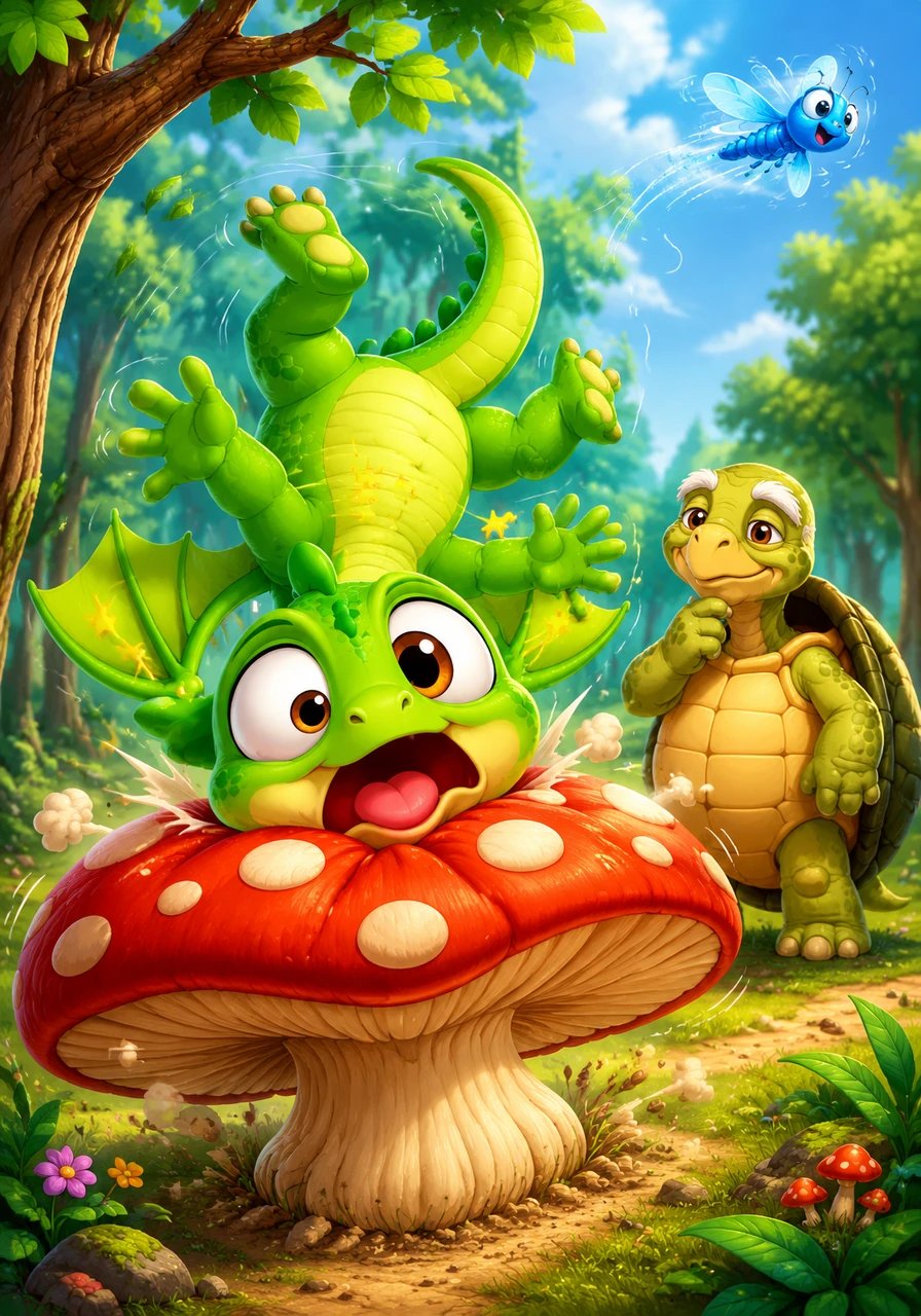 Trying to catch a small, fast-flying blue insect, Leo leaps eagerly from a branch, missing it completely. He tumbles and falls onto a large, soft mushroom, landing with a confused bounce while the insect buzzes away untouched.