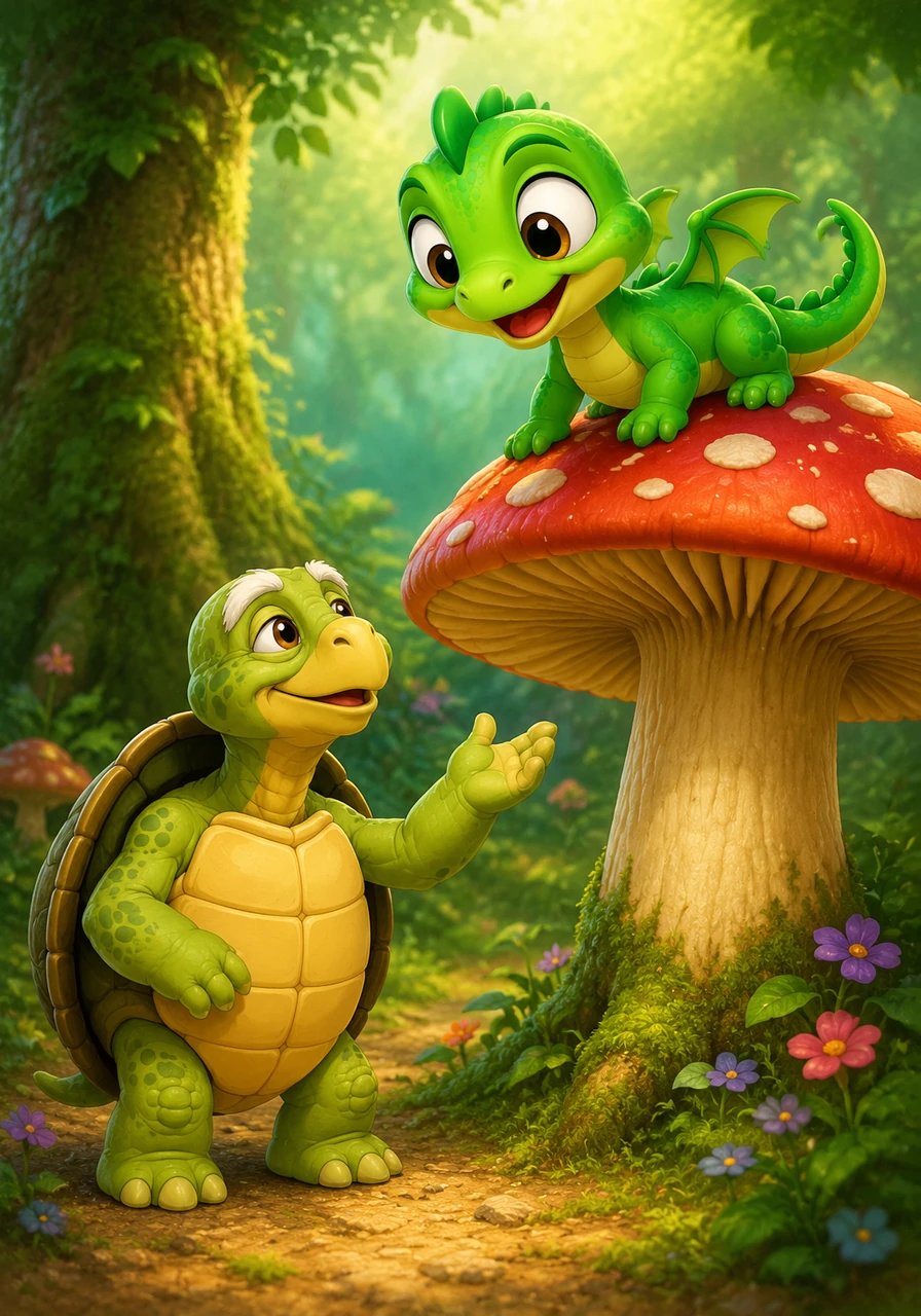 The old tortoise slowly approaches the base of the mushroom where Leo landed. The tortoise gently explains that some things, like strong wings for flying and skills for hunting, take time to develop and cannot be rushed.