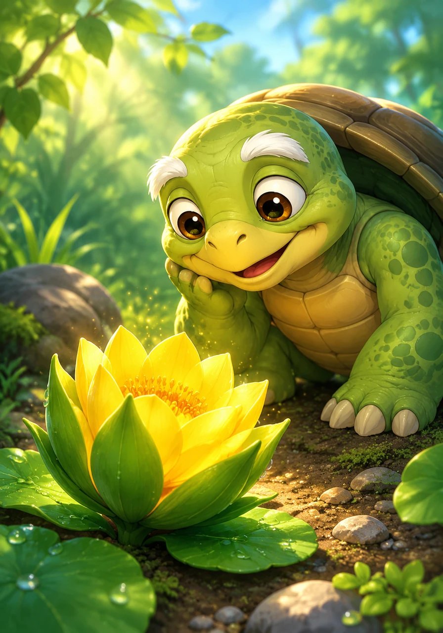 After many days of patient waiting, the green bud finally opens, revealing a stunning, bright yellow flower inside. Leo watches in awe, experiencing the incredible reward of simply being patient and trusting the natural timing.
