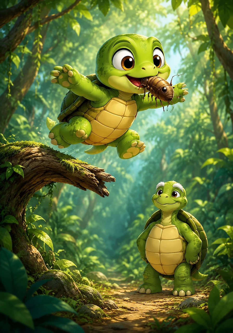 Leo's careful daily stretching pays off. Running with newfound strength, he leaps high off a branch, successfully catching a large, juicy insect in mid-air. He landing perfectly, feeling proud of his new skills and strength.