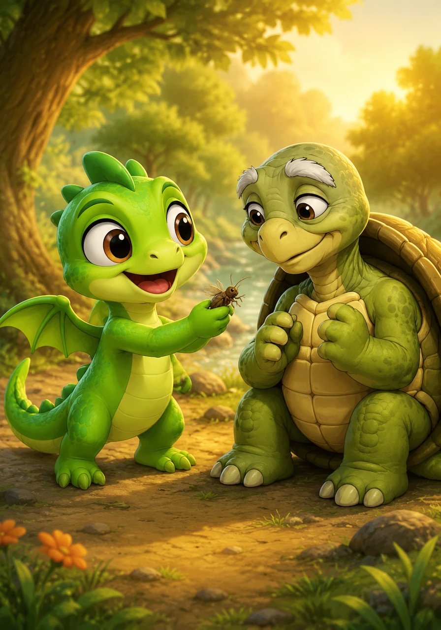 In the warm glow of the afternoon sun, Leo meets with the old tortoise again. Leo shares a delicious bite of the insect he caught, feeling truly happy and content, understanding that some of the best things in life are well worth waiting for.