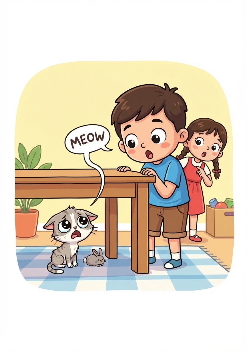 Tiba-tiba, mereka terdengar bunyi kucing mengeong. Mereka terkejut dan mencari dari mana datangnya bunyi itu. Mereka menemui seekor kucing kurus di bawah meja.