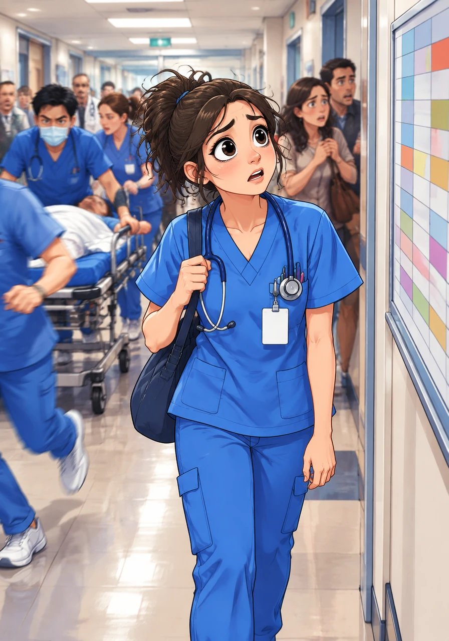 Al cruzar las puertas hacia el pasillo principal, Elena es recibida por un torbellino constante de urgencias, camillas apresuradas y alarmas resonando sin cesar. Los timbres de llamadas se mezclan con las voces de médicos exigiendo asistencias inmediatas y familiares angustiados buscando respuestas. Al revisar la planilla de asignaciones en la pared, descubre con estupor que debe atender a dieciocho pacientes ella sola tras la renuncia inesperada de dos compañeros.