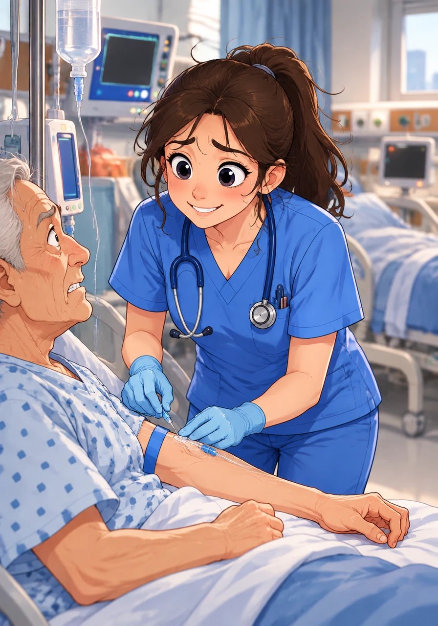 En la habitación 204, Elena se esfuerza por canalizar una vía intravenosa a Don Mateo, un anciano inquieto que se queja del dolor, mientras las alarmas de suero del paciente contiguo comienzan a pitar sonoramente. Con una sonrisa cálida pero forzada, busca tranquilizar al anciano asegurándole que pronto volverá a administrarle sus analgésicos. La presión se acumula a cada segundo, transformando cada pequeña tarea en una carrera contrarreloj.