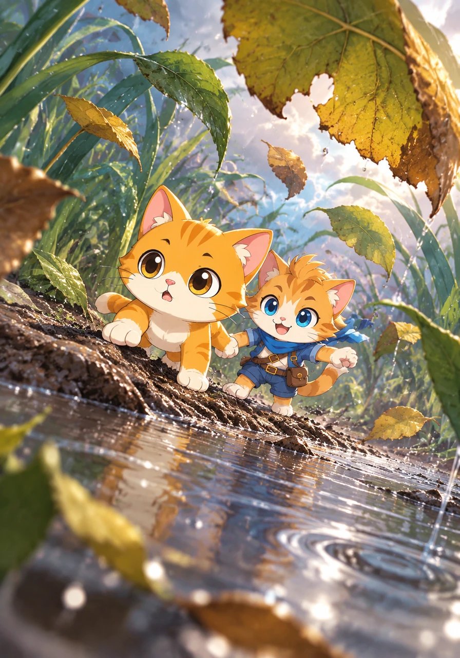 Trên đường đi, hai người bạn phải cùng nhau vượt qua muôn vàn khó khăn thử thách. Họ cẩn thận bước qua một vũng nước sâu như biển hồ, luồn lách qua những thân cỏ đung đưa mạnh mẽ trong gió và tránh né những chiếc lá rơi xuống như những tấm rèm khổng lồ.