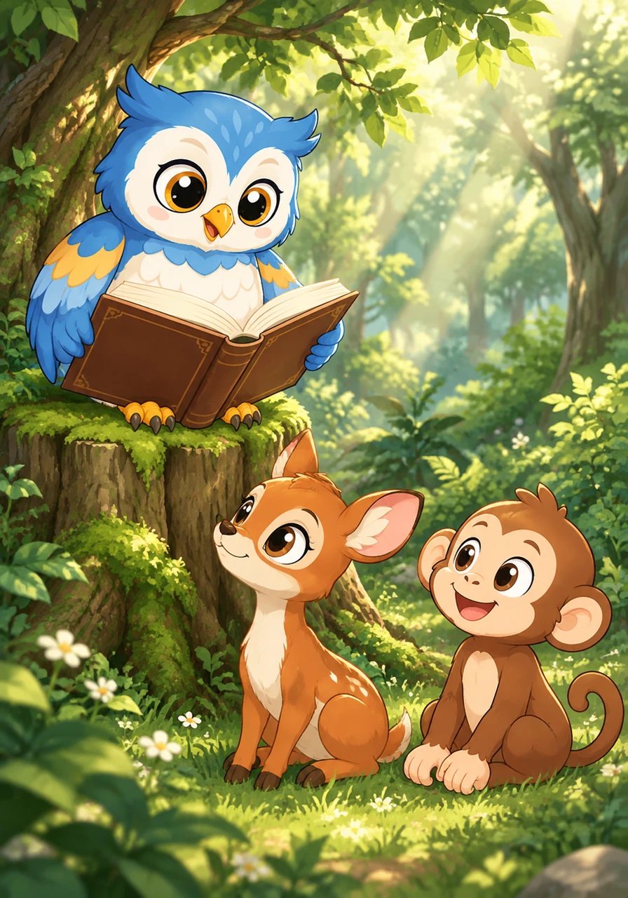 Di sebuah hutan yang lebat dan hijau, Bubu si Burung Hantu yang bijak membuka buku besarnya untuk bercerita. Kisah pertama menceritakan tentang Kiki si Kancil cerdik yang membantu teman-temannya menyeberangi sungai dengan aman. Dengan keramahan dan kesabarannya, Kiki membuktikan bahwa kecerdasan paling indah adalah saat digunakan untuk kebaikan bersama.