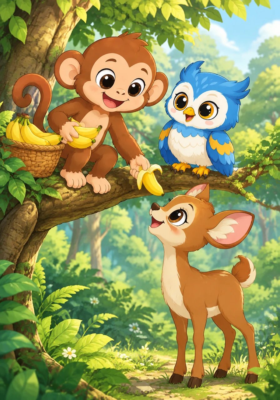 Kisah kedua membawa kita menemui Milo si Monyet kecil yang sangat suka memetik buah pisang di atas pohon. Dulu Milo tidak suka berbagi, namun setelah melihat temannya kelaparan, ia menyadari indahnya memberi. Kini Milo selalu tersenyum bahagia setiap kali membagi buah-buahan manisnya kepada sesama.