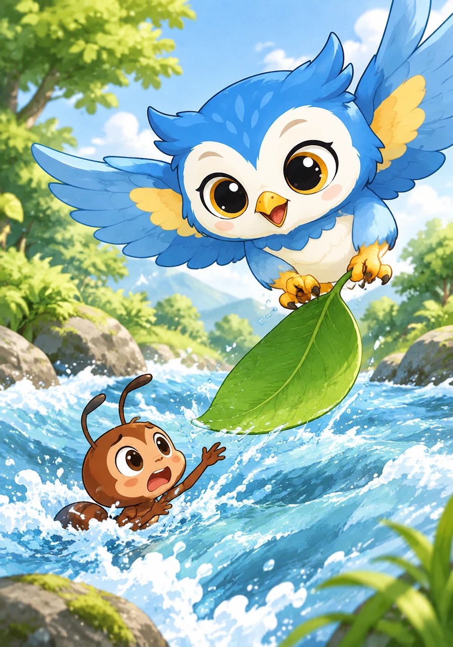 Di tepi sungai yang jernih, Sisi si Semut kecil hampir saja terbawa arus air yang deras. Beruntung, Mami si Burung Merpati terbang cepat dan menjatuhkan sehelai daun sebagai penyelamat. Cerita ini mengingatkan kita bahwa pertolongan tulus akan selalu melahirkan persahabatan yang abadi.