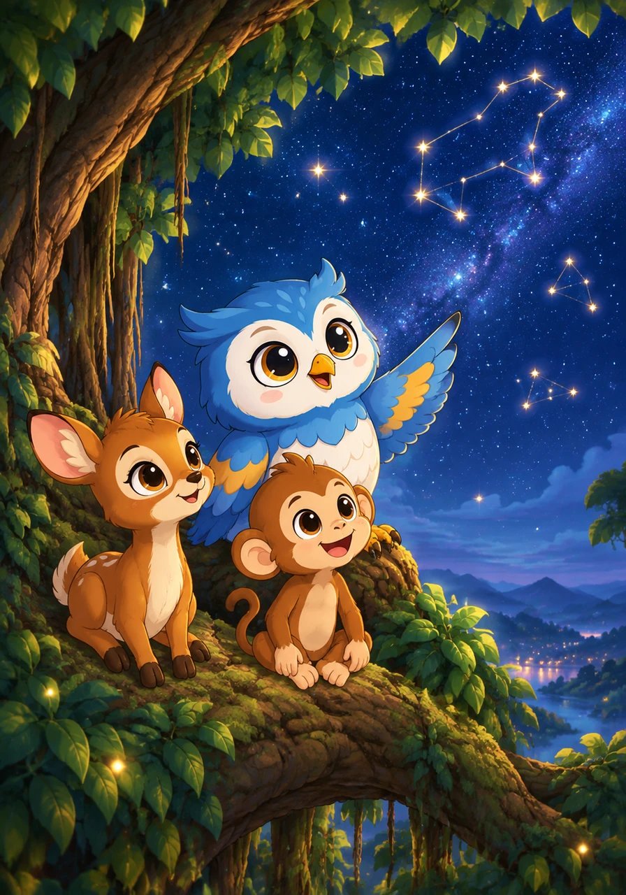 Di atas pohon beringin yang rindang, Bubu si Burung Hantu mengajarkan para hewan muda cara membaca bintang di malam hari. Pengetahuan Bubu yang luas membuat malam tidak lagi menakutkan bagi anak-anak hewan. Mereka belajar bahwa rasa ingin tahu dan belajar hal baru adalah petualangan yang sangat menyenangkan.
