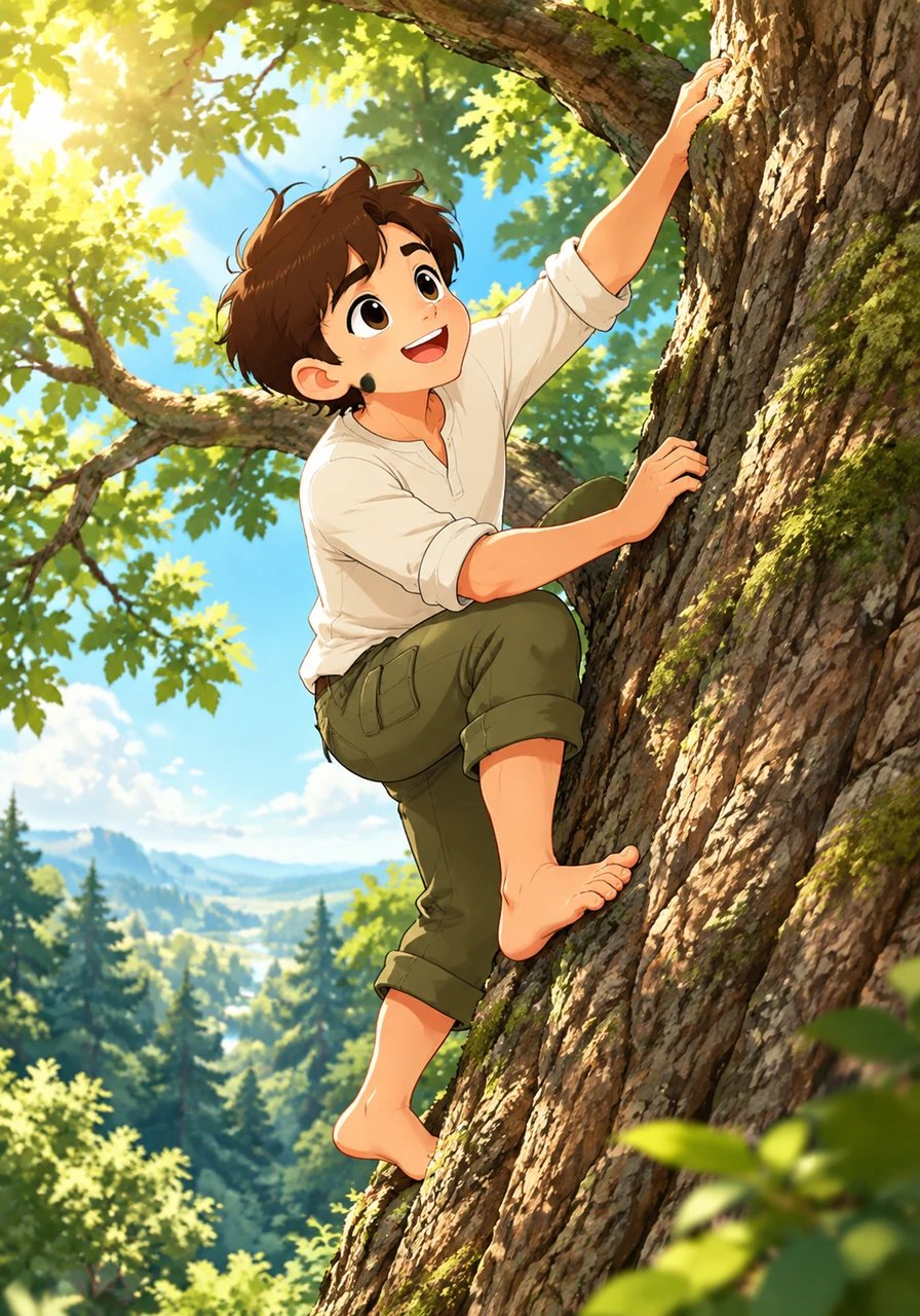 A curious boy named Leo, barefoot and adventurous, lives on the edge of a great forest. One morning, he discovers an ancient oak tree and, scaling its rough bark, feels the exhilarating pull of the high branches and the endless sky.