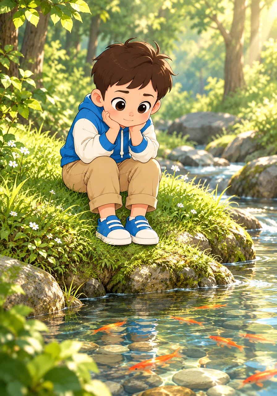Leo spends his days exploring. He learns to sit perfectly still by the stream, watching the silent dance of the river stones and the quick flash of orange fish, realizing that watching is a way of understanding.