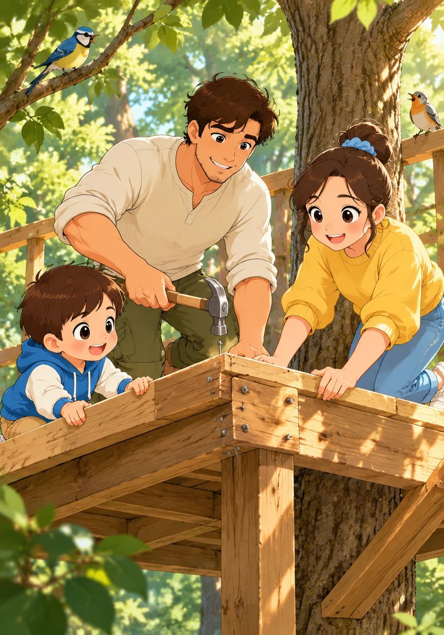 Leo meets a girl who knows the language of the birds. Together, in a sun-dappled clearing, they design and build a sturdy treehouse platform, realizing that two pairs of hands can build something much stronger than one.