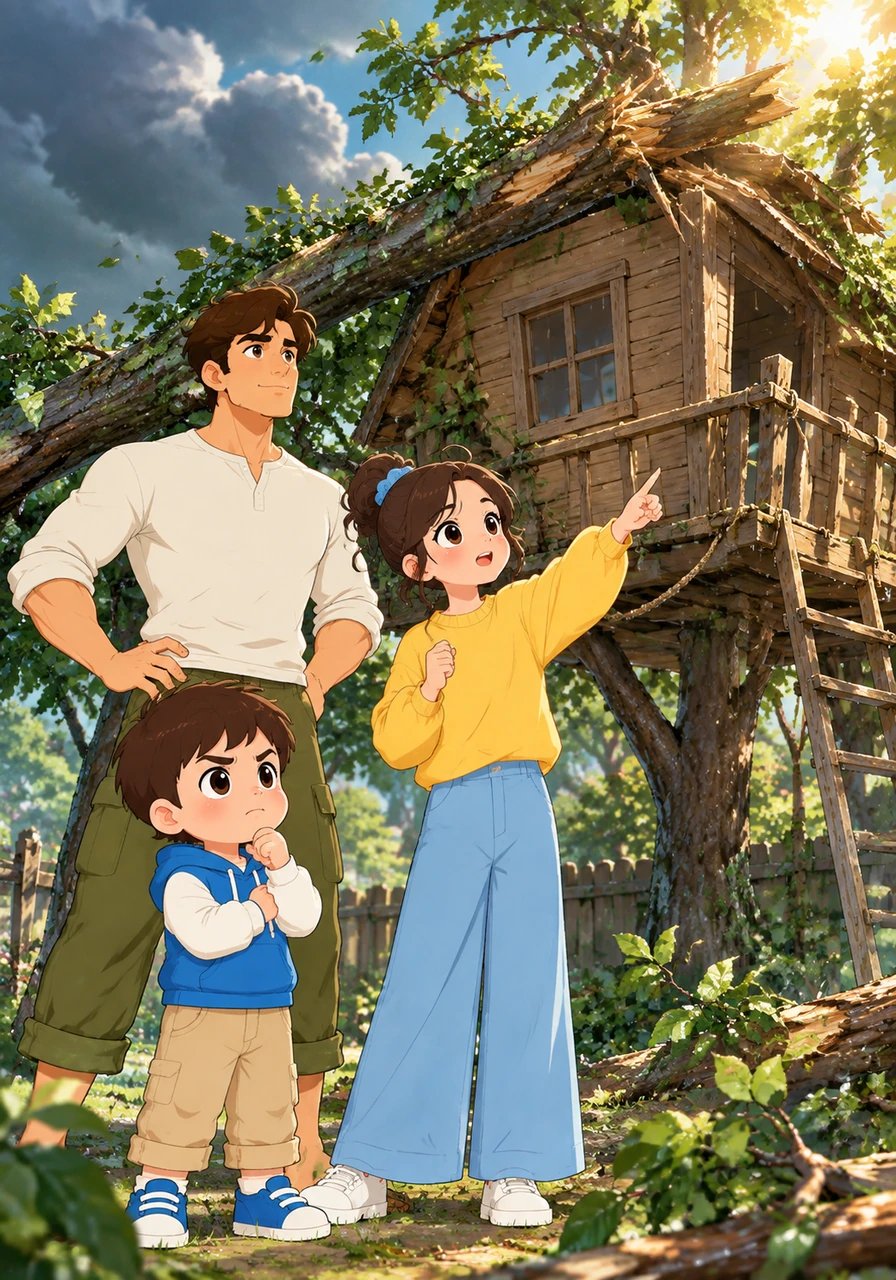 One spring afternoon, a sudden, powerful summer storm tests their work. Although a large branch falls and tilts their treehouse, Leo and his friend don't give up; they examine the structure and make a plan to rebuild it stronger.