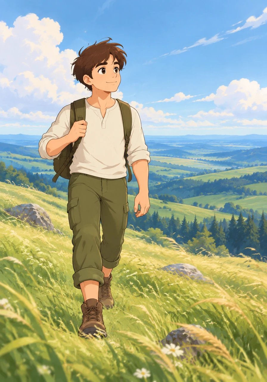 As adolescence arrives, Leo begins to take solitary walks beyond the familiar trees. He travels to the high, windy meadows, finding a new kind of peace in the expansive, open view and the soft, rolling hills.