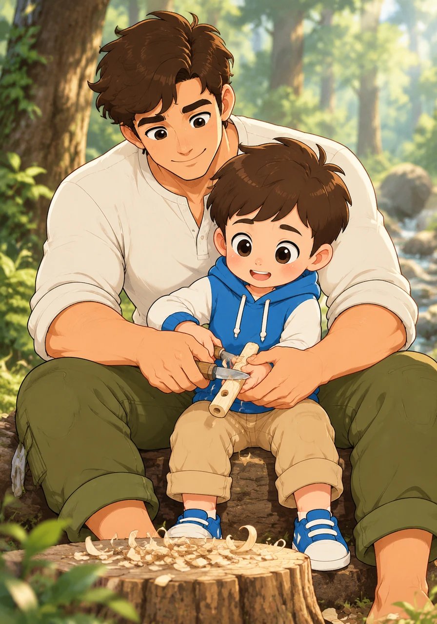 Now a young man, Leo returns to his forest. He finds a younger boy struggling to carve a whistle, and he sits patiently, guiding the small hands, passing on the skills he learned when he was small.