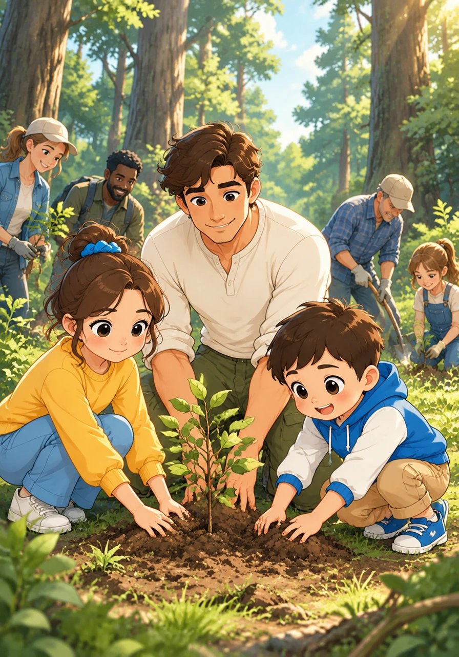 Leo’s love for the forest inspires others. He coordinates a community project, leading adults and children to plant saplings and protect the old growth, teaching them that tending the land is stewardship.