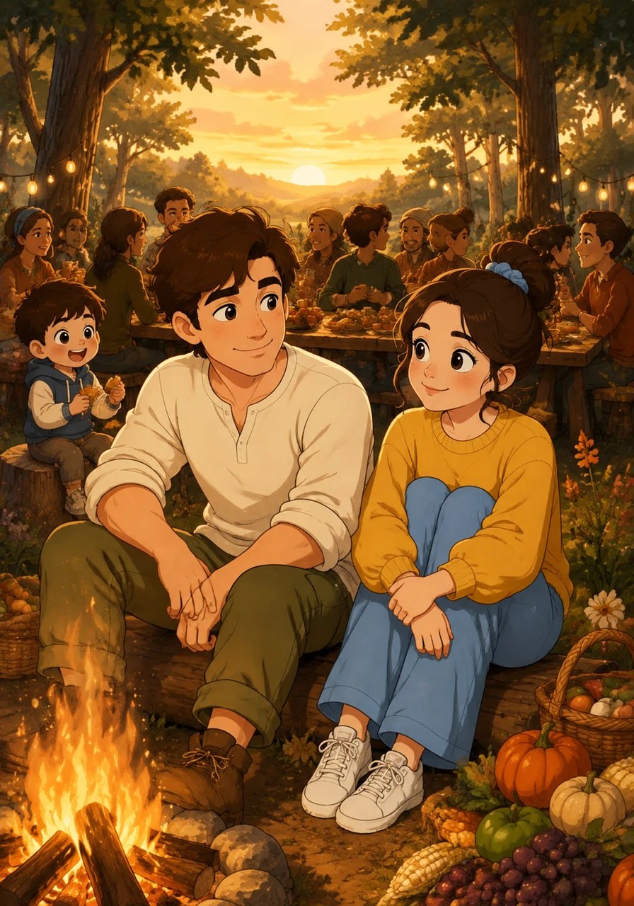 One warm evening, the village gathers in the healthy forest clearing for a sunset harvest feast. Leo and his friend, now young adults, sit by the peaceful communal fire, watching the community enjoy the space they helped create.